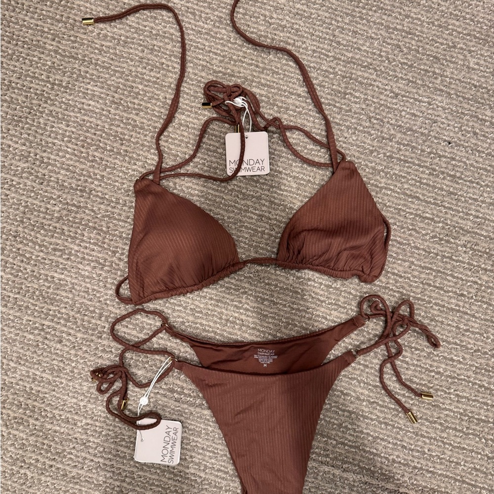 Monday Swimwear Chocolate Ribbed Triangle String Bikini